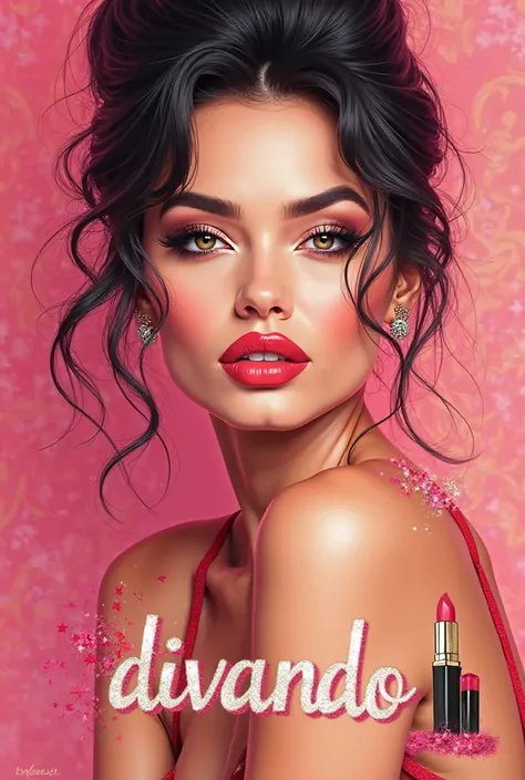 A sophisticated and modern illustration of a stunning woman with flawless skin, glamorous makeup and well-styled hair. The background has vibrant shades of pink and gold,  conveying luxury and sophistication . The woman's face conveys confidence and elegan...