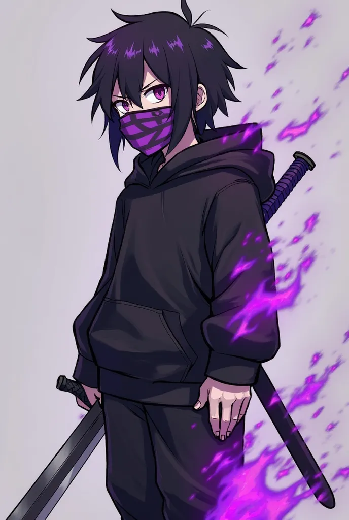 Black pants with purple fire going down the side with black hoodie and purple fire going down the side with black and purple hair white boy with mask covering the face with sword Minecraft anime character
