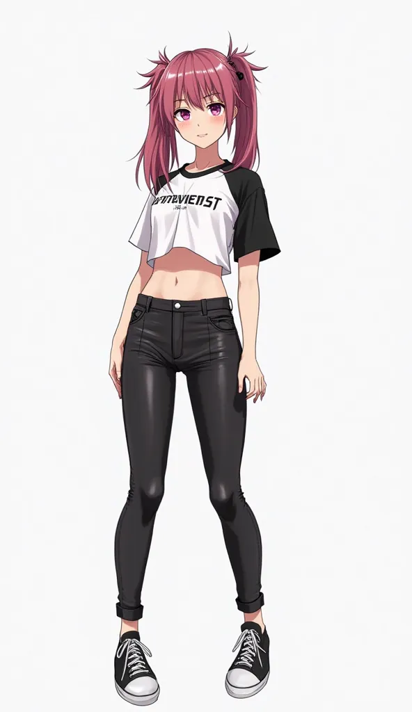 Japanese anime age woman with long smooth dark ash pink hair with two pigtails and short tufts and intense magenta eyes and wears a short white t-shirt with black sleeves and letters on the front, along with tight black leather pants with a pleated pattern...