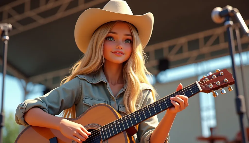 (photorealism:1.2), "A blonde girl wearing a cowboy hat, playing an acoustic guitar on stage. He is dressed in a casual, button-up shirt, with a confident expression while strumming the guitar. The background features a stage with a microphone, emphasizing...