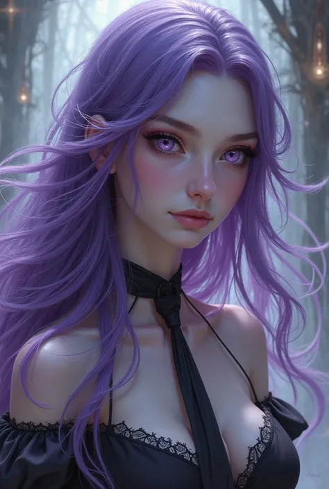 A most beautiful gir,long straights violet purple hair mix with a wavy straight bangs, amethyst eyes,a white pale skin,Arcana style 3d,savage long shirt neck tie black