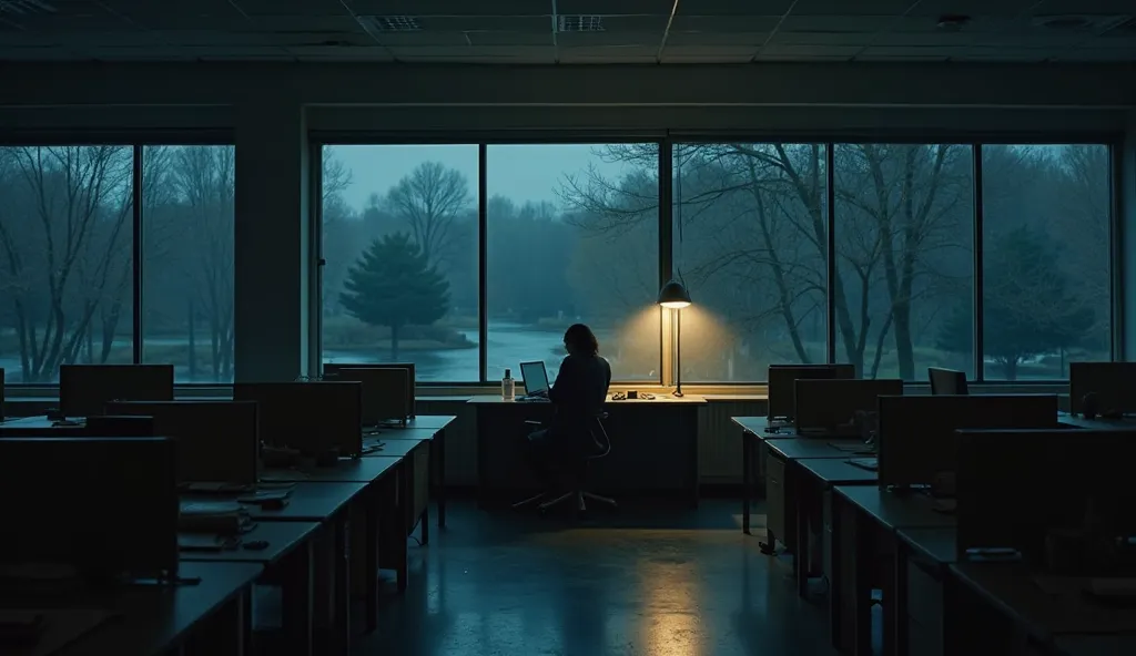  "A dimly lit open-plan office at night, a lone woman sitting at a desk with a glowing laptop, surrounded by rows of empty desks and low partitions. A single desk lamp casts long, eerie shadows on the walls. Outside the large windows, thick autumn darkness...