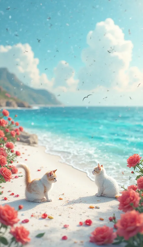 delicate scene,depth of field, The ivory sky,white clouds,and sunlight shine on the snow-white beach. The coral sea,and many colorful tinny shells on the beach,red roses and cats focus