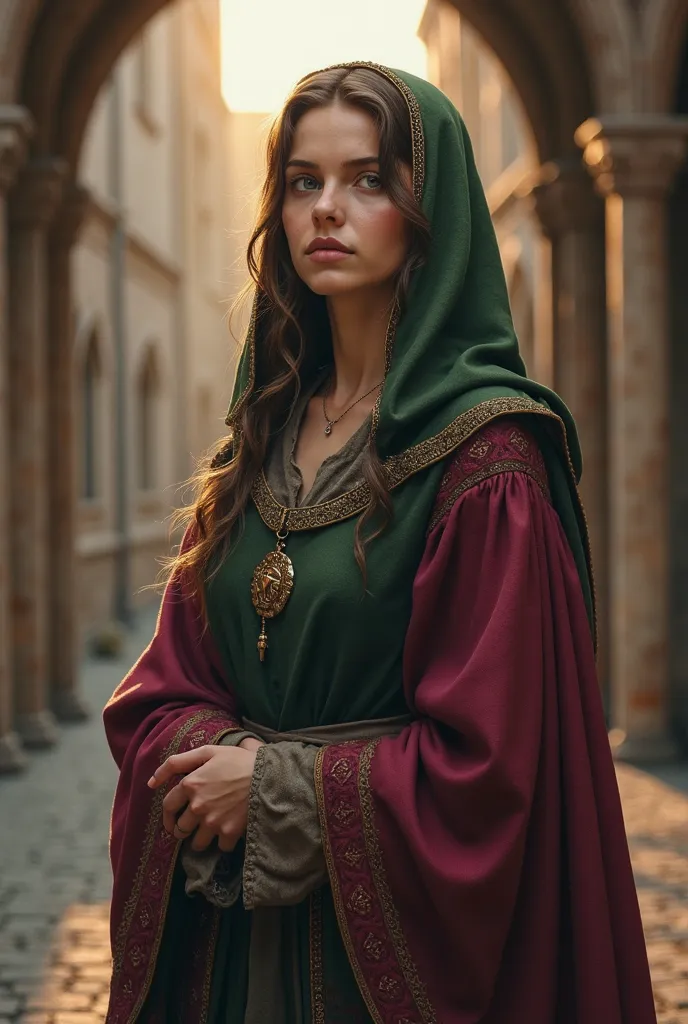 A captivating, detailed digital painting of a medieval woman, standing gracefully in a medieval European town. She is dressed in a finely crafted woolen gown in shades of deep burgundy and forest green, the colors reflecting the richness of the era's natur...