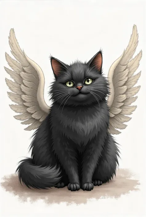 I want a black cat with angel wings! Make it a drawing sketch. That the cat is half fat. That the cat is completely black. That it has three wings on each side. Make the cat more realistic and cute