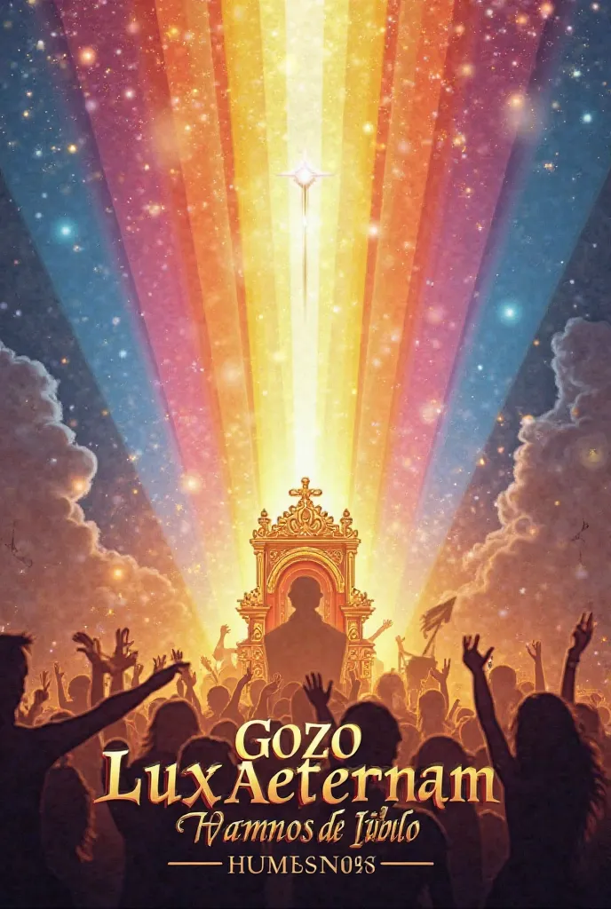 "An album cover for the band Lux Aeternam titled 'Gozo Inquebrantable – Himnos de Júbilo'. The design features a vibrant and celebratory atmosphere with bright light beams and colorful rays shining from a heavenly sky. At the center, a golden throne radiat...