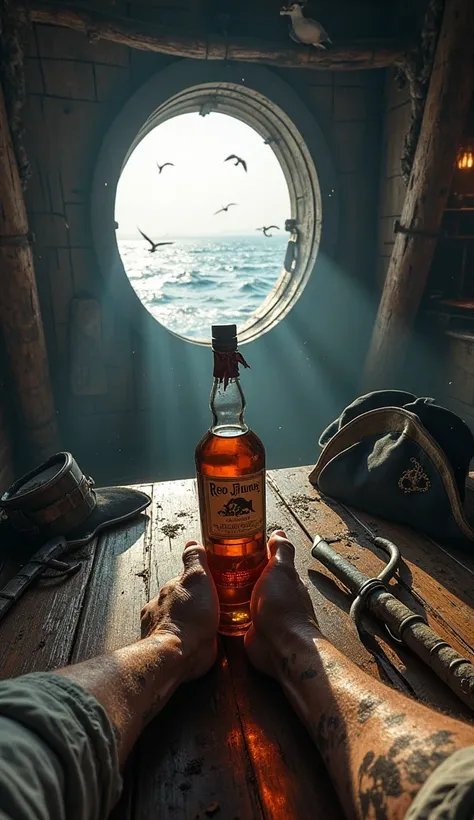 First-person perspective of waking up on a creaking pirate ship. The camera slowly opens to reveal a dimly lit wooden cabin, with sunlight streaming through cracks in the weathered planks. Dust particles float in the air. The sound of waves crashing agains...