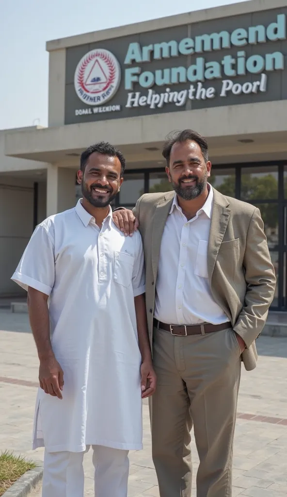 A hyper-realistic image of Arman, now dressed in clean, new clothes, standing outside a large building with a sign that reads 'Ahmed Foundation – Helping the Poor.' Mr. Ahmed stands beside him, placing a hand on his shoulder. Both men are smiling, with Arm...