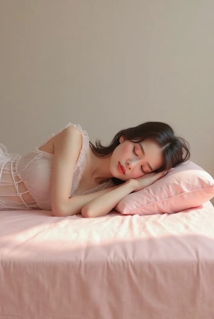 The young woman, in very thin pajamas, collapsed into a soft pink mattress, not covered in fabric, seen from a side corner.