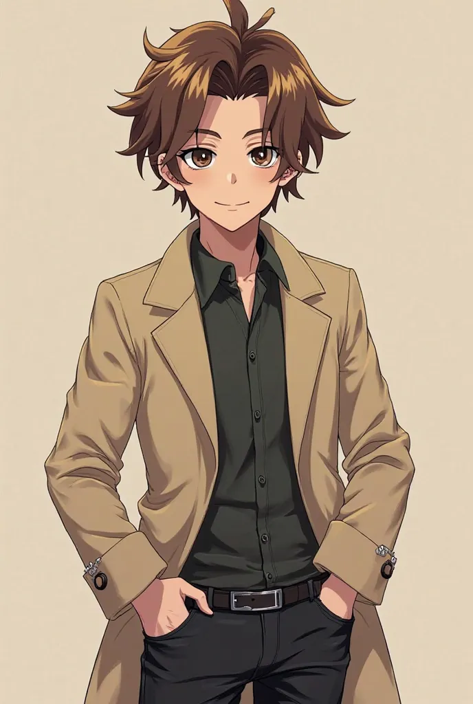 Make a young adult. He's evil , No matter how much you pretend to be good, There's a strange smile, brown hair up, Wear a collar and a cream coat. He wears black jeans and is not trustworthy. faz estilo anime