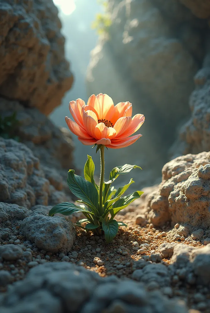 A delicate flower sprouting from a rocky earth and a beam of soft light falling on it