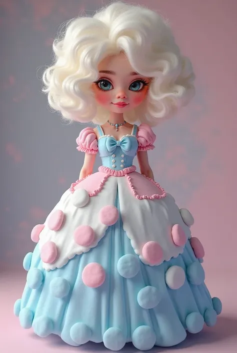 create an image of a character (feminine / Woman) Realistic wearing a very round dress inspired by marshmallows  (nas cores candy color: rosa, blue,  White ), Can she wear a drag queen wig and make it a very playful costume, fofo, As if it had come out of ...