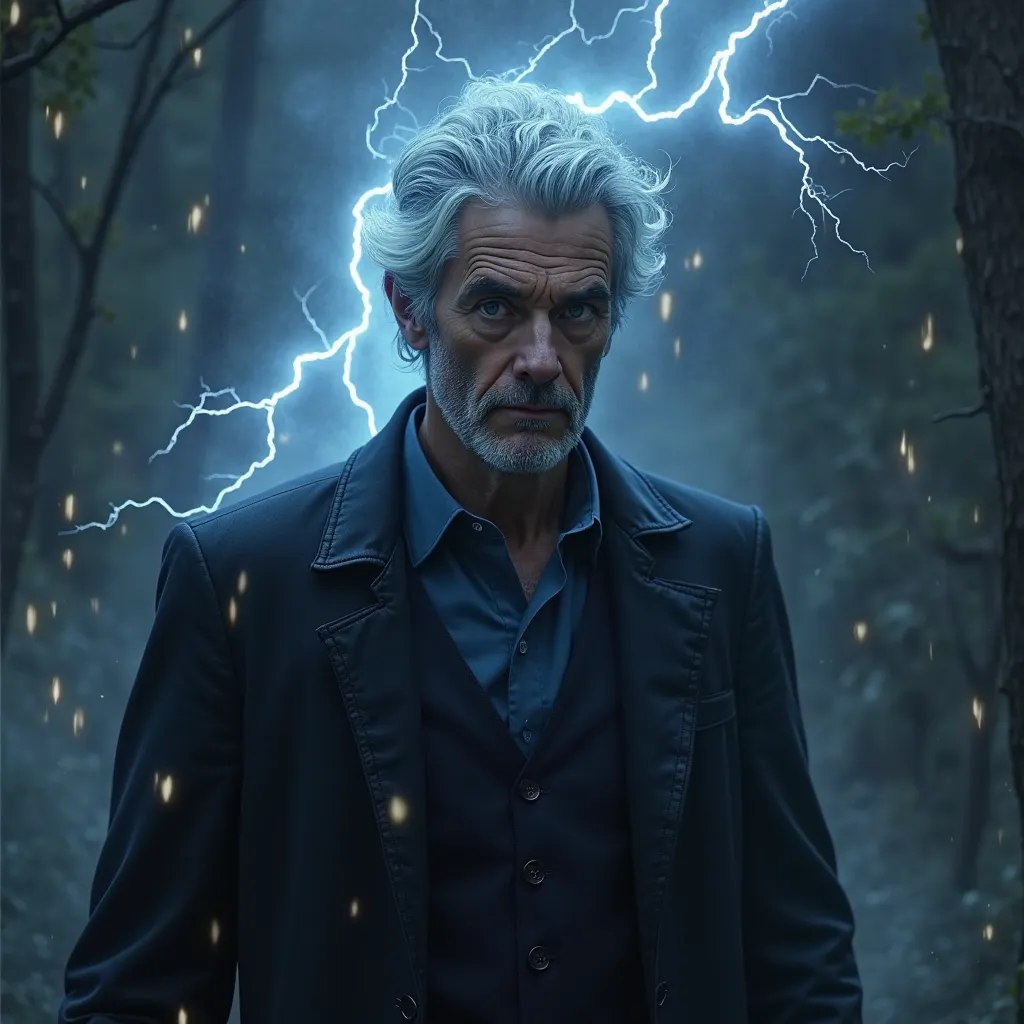 storm cleric in dark suit. 50-year-old man with short gray hair. rays coming out of the eyes. fantasy world. cleric clothes fantasy. dark fantasy. Ugly and thin. Fantasy world. Blue cothes. Simple clothes. Cabelo curto.