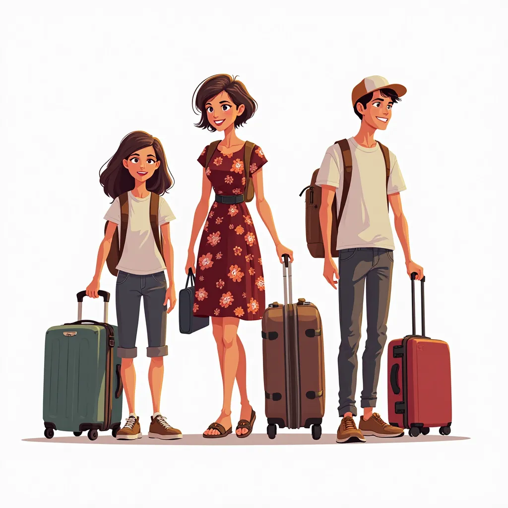 2️⃣ They will travel.
A group of young travelers, including a 27-year-old woman with short, stylish hair and a dark red floral dress, stand side by side, holding suitcases. They appear ready to embark on an exciting journey, with expressions of anticipatio...