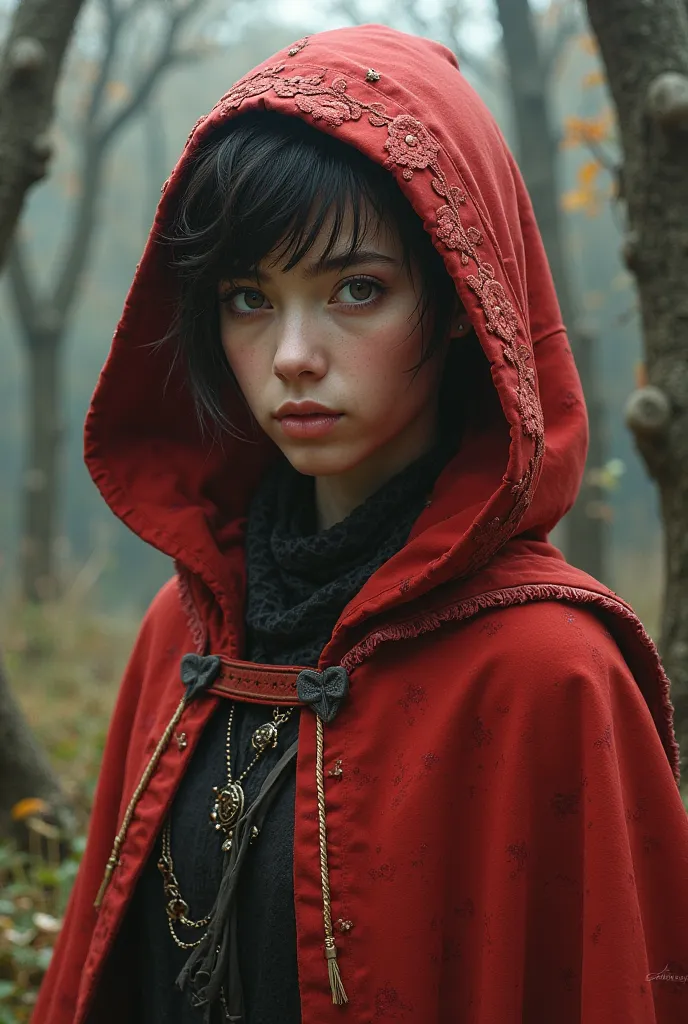 young lady with very short hair in old red cloak with hood in fantasy world. She looks straight to the camera