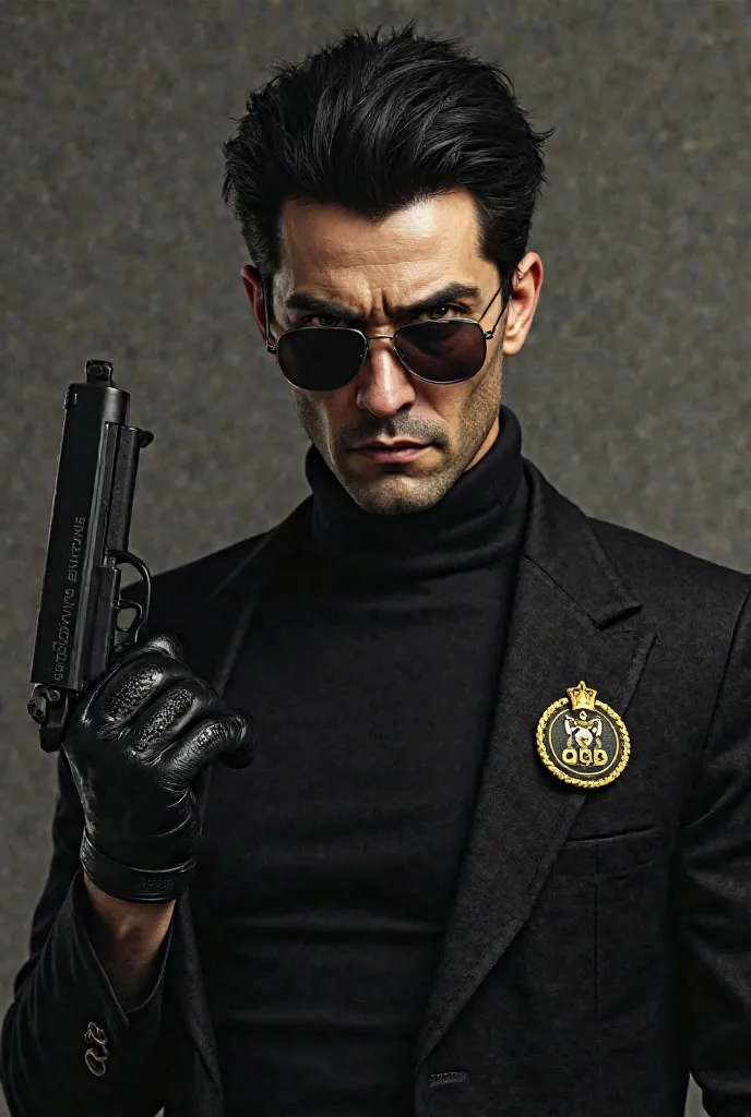 black haired guy with golden eyes in glasses in one hand holds a gun and in the other a kgb badge in a black glove, looking at everyone like trash. He is dressed in a black sweater and black pants (view in the picture up to the waist) in the style of gta 5