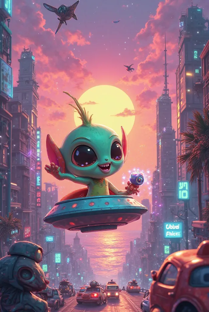 "A high-energy, vibrant cartoon animation featuring a cute but mischievous alien  exploring a futuristic city near the ocean. The alien has big, expressive eyes and a playful grin, holding a glowing gadget that emits magical energy waves. As it hovers in a...