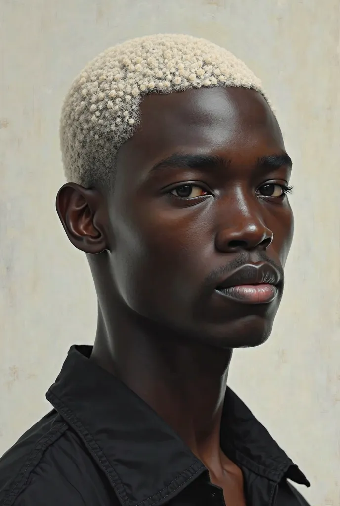 A young man with dark skin and light hair close to white and low cut