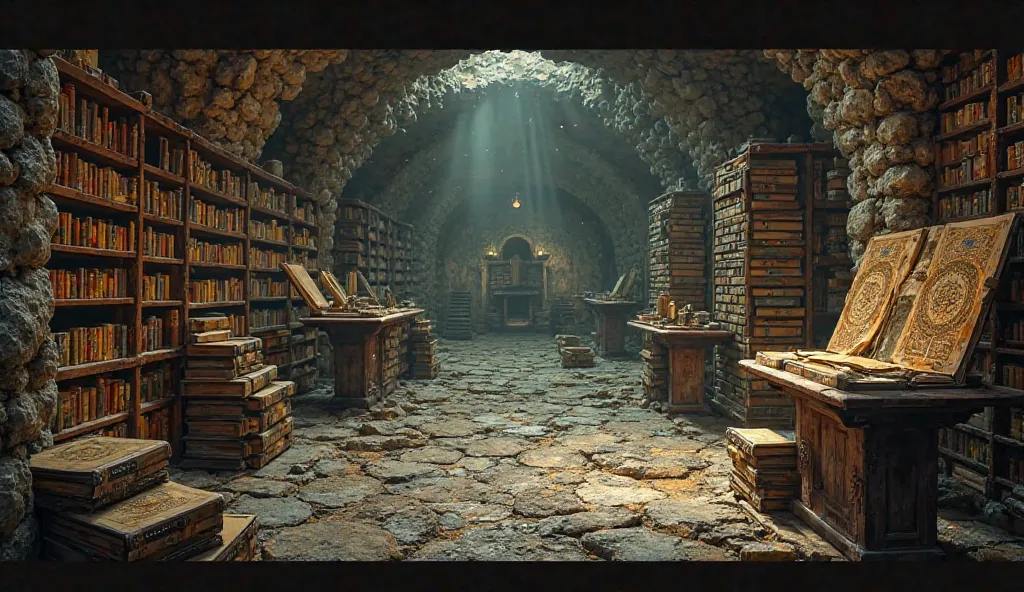 "An underground secret library filled with ancient manuscripts, some burned and others sealed with mysterious seals."