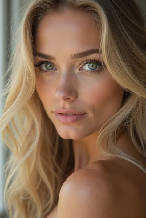 A realistic portrait of a blonde woman with intense green eyes, looking directly at the camera with a confident and captivating expression.  Her face has delicate and well-defined features , with a smooth and illuminated skin. Her long, golden hair falls i...