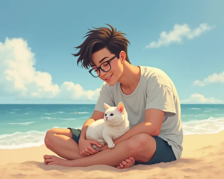  young man with black hair, with lenses, And her little white kitten with beige spots, Relaxing on the beach