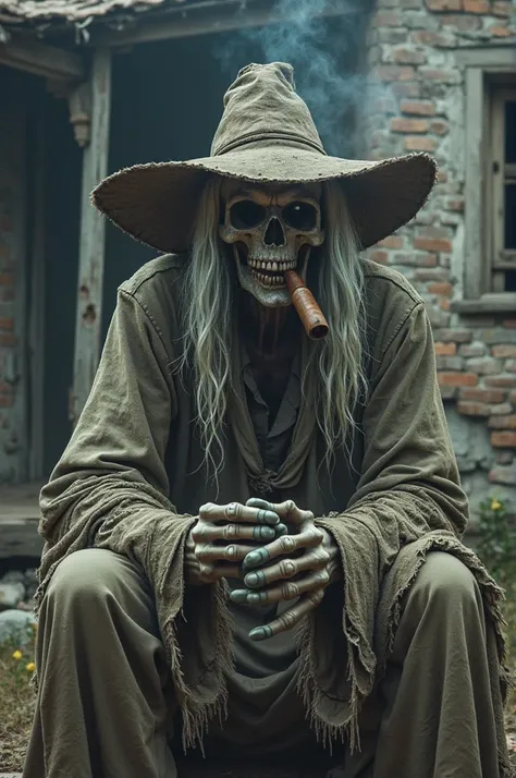 A creepy, skeletal old man, with long disheveled white hair and a sinister smile, is sitting in front of a rustic and decadent brick house. He wears a shabby hat with wide brims ragged and dusty clothes. His bony hands , covered by ragged sleeves, rest on ...