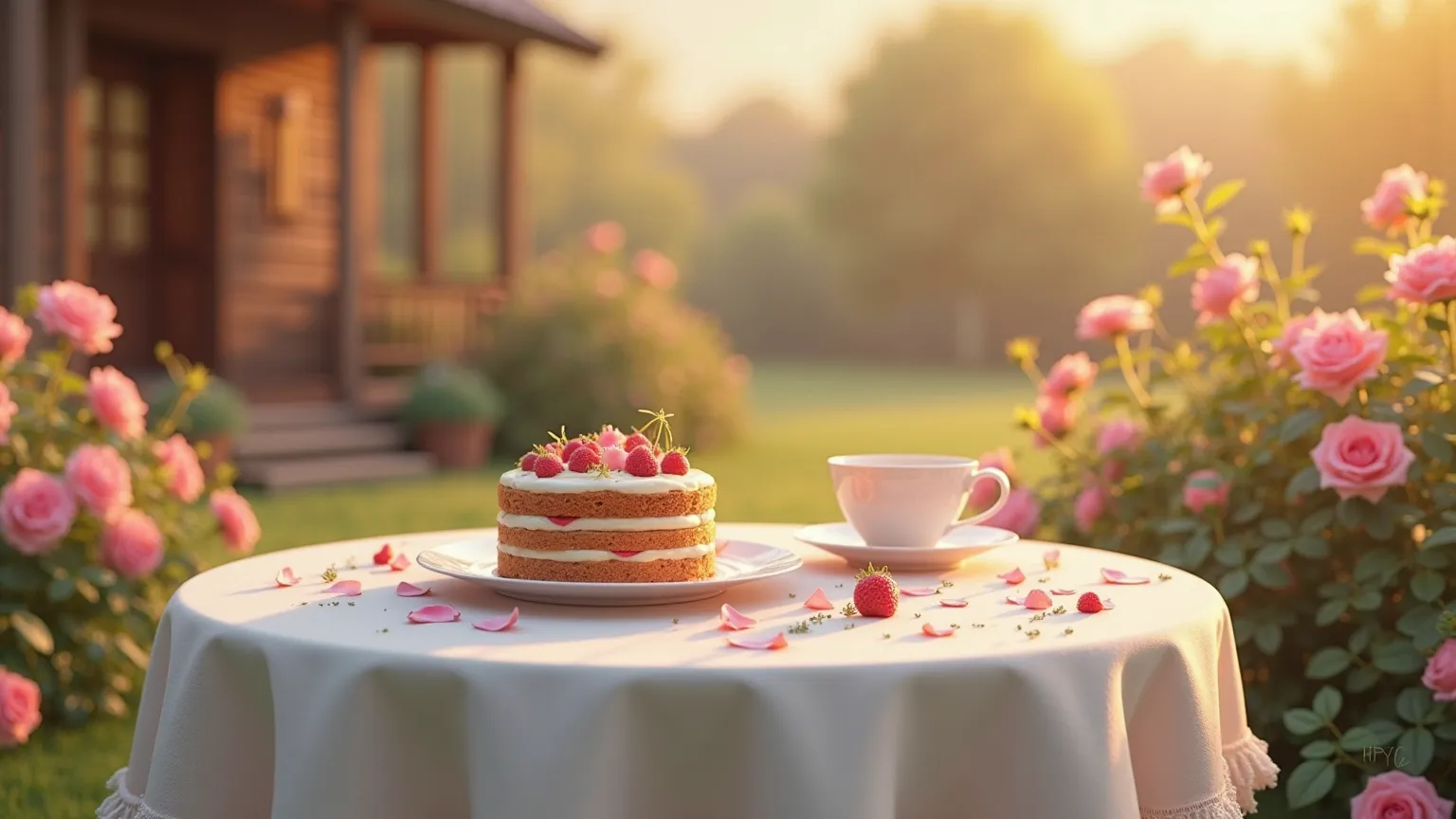 White round table,afternoon tea,cake,sunset,Rose Garden,wooden house