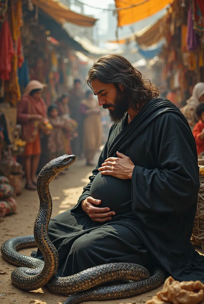 Create realistic image of pregnant Jesus wearing black clothe sitting down facing a snake the both of them facing each other in a market