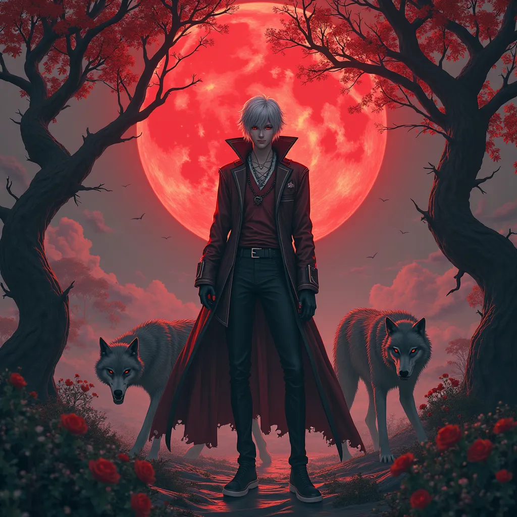 gin ichimaru realistic 3D IMAGE cinematic image fantastic environment RED BRIGHT FULL MOON BRIGHT RED EYES real wolves