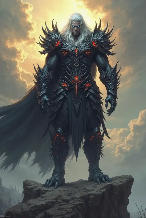 A towering, fearsome white hair boy, warrior clad in intricate, dark, armor adorned with glowing dark red energy lines. The armor is highly detailed, featuring sharp, ornate spikes and curved, claw-like gauntlets, giving the warrior an imposing and mystica...