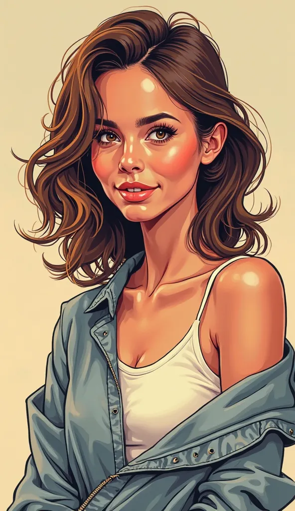 DISCREET image. with discreet casual clothes. image adult woman, american, JUST comic book style. with a discreet smile. IMAGES WITH VIBRANT COLORS. just focus on face. not realistic. light colorful