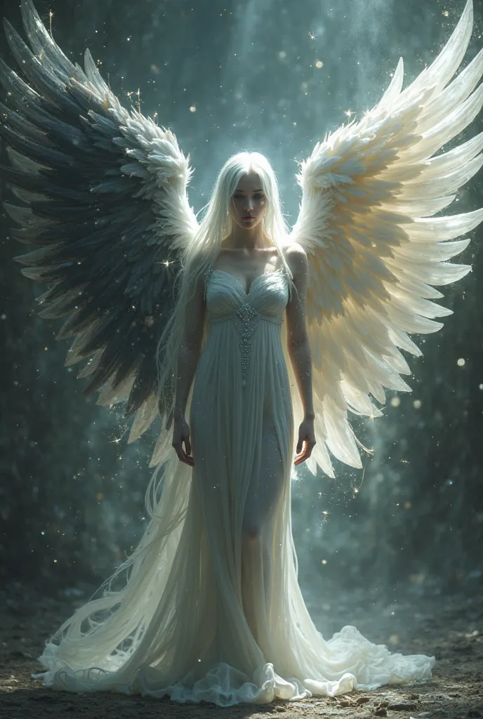 angelic being , white and black , dramatic feling , full view 