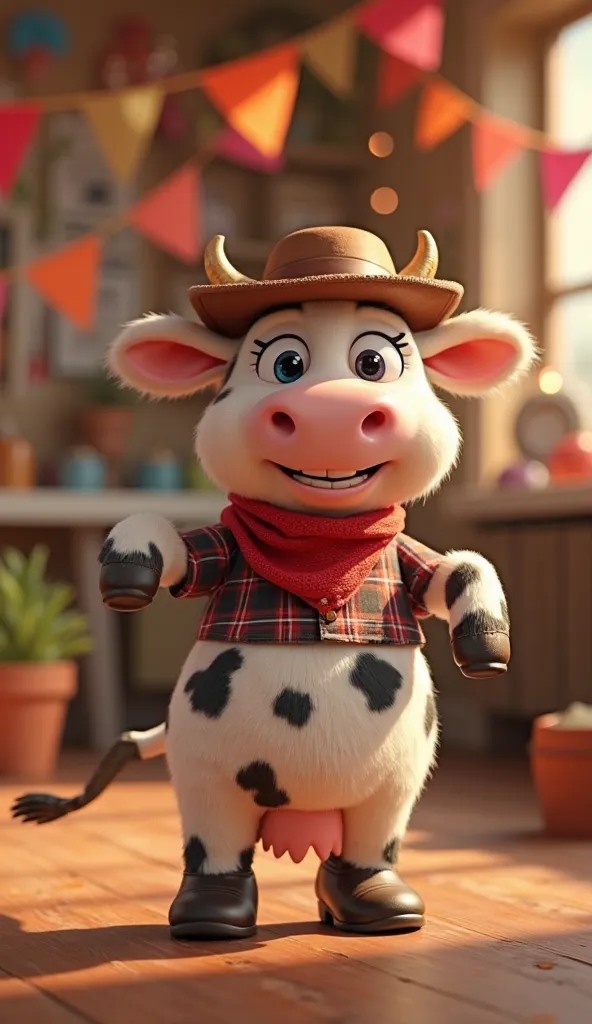 " A charismatic and super adorable Pixar-style 3D cow , super cute and fun, dancing country in a farm party room. She is standing on her back paws, with a lively expression and bright eyes. Her coat is white with black spots shaped like cowboy boots, and s...