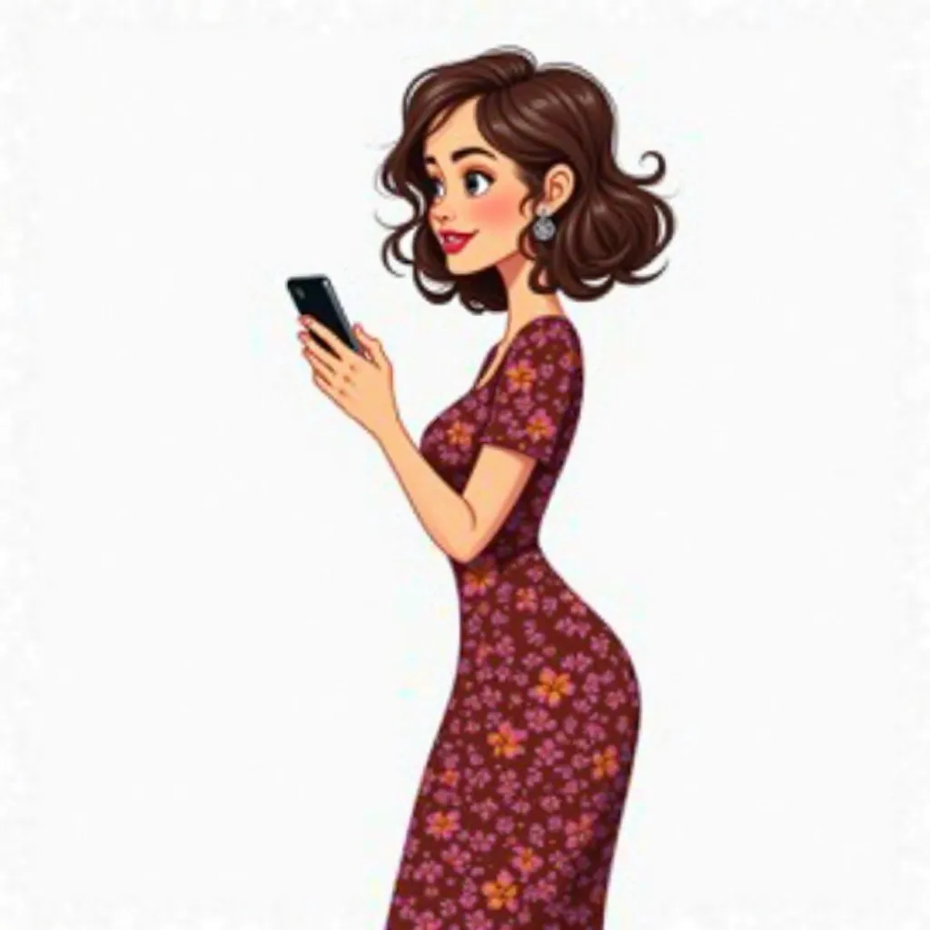 Future Tense Prompt (Semi-Realistic Cartoon Art - White Background):
A beautiful 27-year-old woman with short, wavy hair, wearing a dark red floral dress, stands holding a phone in her hand. She looks at the screen with a focused expression, her finger hov...