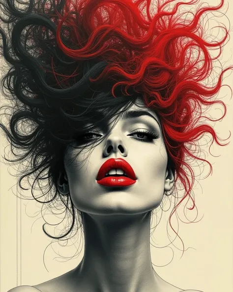 A beautiful and surreal illustration of a woman's face drawn in an artistic and expressive style. His red and bold lips are the focal point, painted in vivid contrast with the monochromatic and smoky texture of her wild and untamed red hair with black shad...