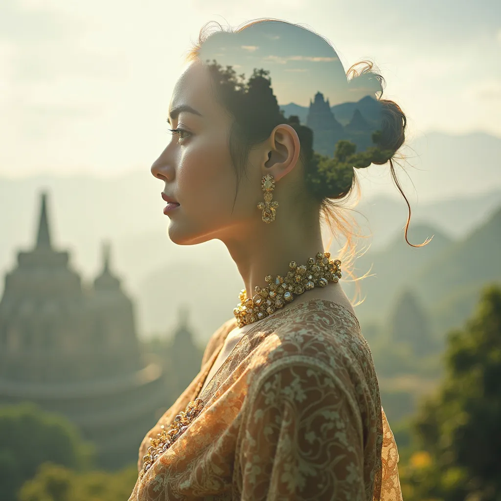 Double exposure portrait of a serene woman wearing an intricate kebaya, blending harmoniously with a breathtaking candi borobudur blandscape. The soft focus background features gentle clouds, warm light rays, and lush greenery, creating a tranquil atmosphe...