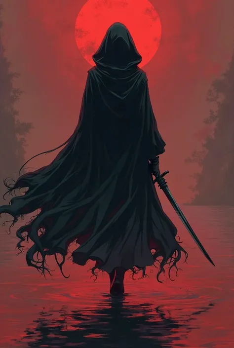 Anime character in black cloak with sword in left hand walking away from me in red water 