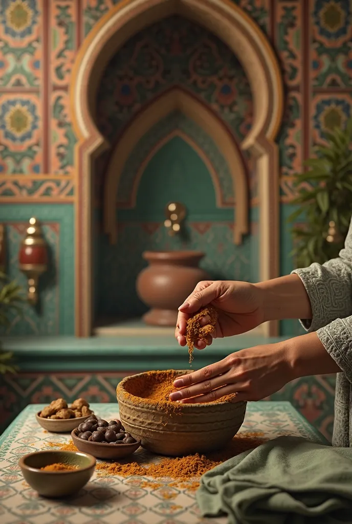 i need iranian bowl of henna in traditional iranian bathroom and hands that is adding water inside henna with small bowl