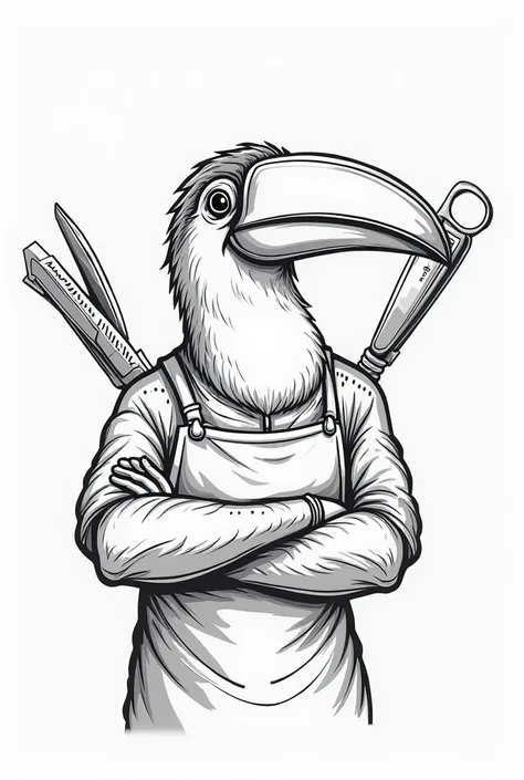 Here is a detailed script for creating your illustration:  

** Image Description :**  
A stylized toucan wears a barber's apron and has its arms crossed, conveying confidence and professionalism. Its large curved beak stands out in the composition. Behind...