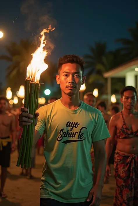 photo of indonesian man , 25 years old solid body containing, with a white and handsome face wearing a light green t-shirt with the inscription "Ayo sahur le" is carrying a torch made of green bamboo and walking around the village with the residents using ...