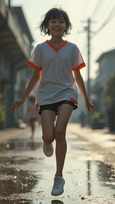 1 girl, (well-groomed face), (ideal body proportions for the upper body), Modern old town,  clear, (( OPEN LEG JUMP )), (((sportswear))), ((Jersey)), (((Good for sports)), wet, torn clothes,  smiley smile , white skin, Slender,  with dark hair, short hair,...