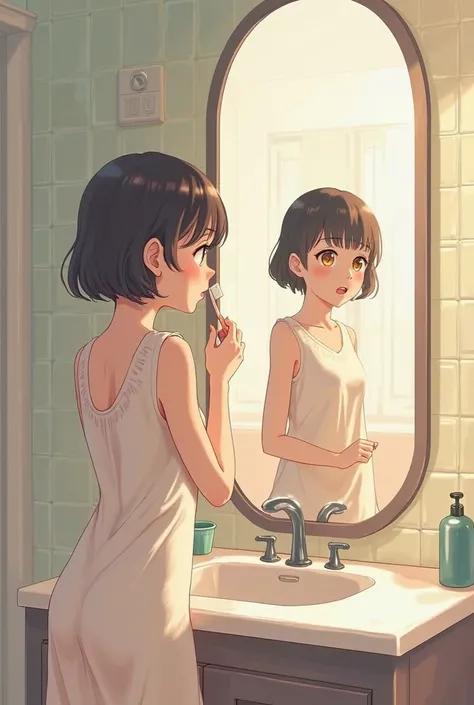 anime girl standing, leaning on a countertop looking at the mirror on the wall, brushing their teeth with a toothbrush in their right hand, The camera would be located looking from the left side