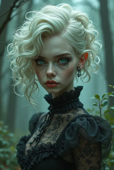 age woman , yeux verts, icy blonde and curly hair, Tim Burton way in the Twilight universe 