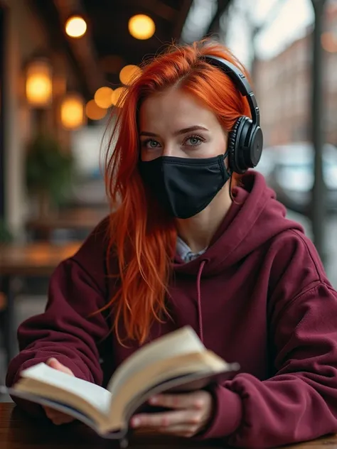 A woman with red orange hair in a side cut, wearing a facemask covering mouth and nose, wearing a dark red hoodie, micro boobs, looking with a smirk at the camera, sitting in a quiet caffe outdoors, reading a book, headphones, full body view, photorealisti...