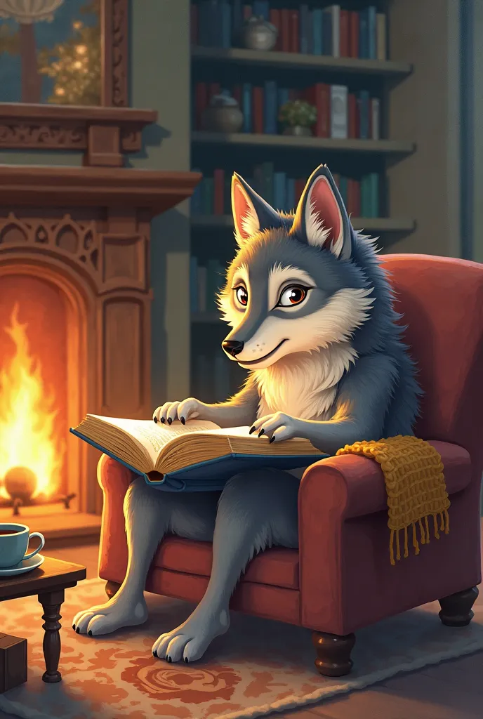 UN LOUP QUI  lit un livre dans un salon avec un feu de cheminée, ambiance douce, dessin pour enfant