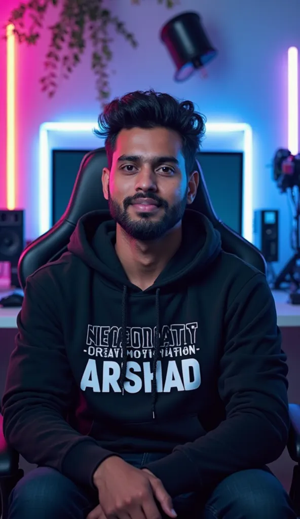 An Indian man is sitting facing straight ahead.   Confidently in a modern gaming chair in his YouTube studio.   He wears a bright black hoodie with CREAT MOTIVATION ARSHAD boldly printed on it.   His face is clearly visible  He is not smiling looking direc...