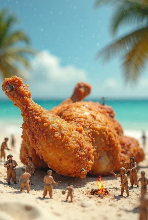 "A surreal macro photograph on a beach, featuring a gigantic, golden-brown fried chicken lying on the sand with extreme close-up details of its crispy texture. Surrounding the chicken, miniature villagers dressed in old-fashioned clothes are busy cooking i...