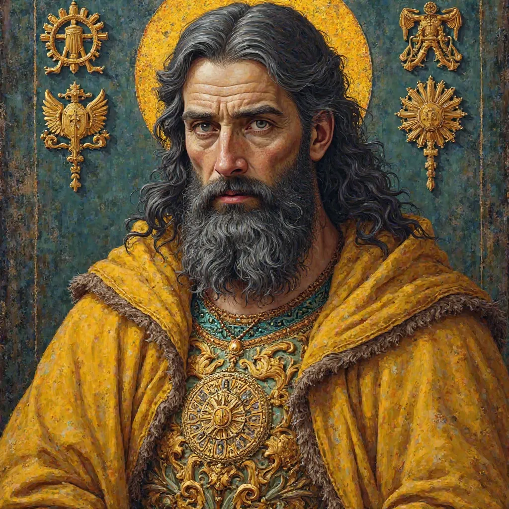 Leo II, king of the Armenian Emirate of Cilicia in 1187, at the age of 37 years, Orthodox Christian religion, black-white beard and signs of the Armenian king, with yellow colors and signs of religiosity in his palace