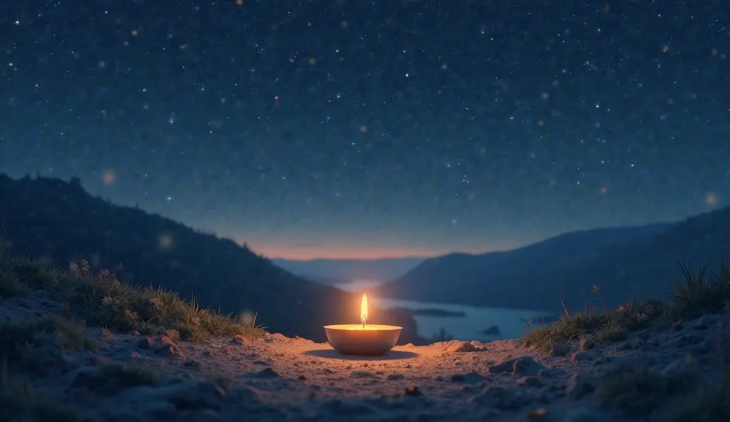 A welcoming image, with a tranquil night scene,  like a starry sky , a burning candle , or a serene landscape at night