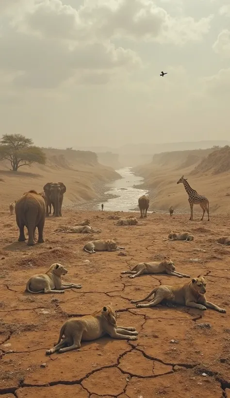 "A vast African landscape under a harsh, overcast sky, with a dry and cracked riverbed stretching endlessly into the distance. The air is heavy with dust, and the land is parched, showing no signs of relief. At the river’s edge, exhausted animals struggle ...